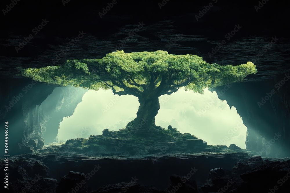 Ancient tree in a mystical cave