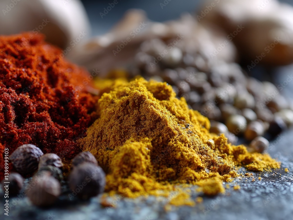 Richly colored spices including red, yellow, and brown are arranged in piles with various textures and shapes, highlighting their vibrant hues and granular details Richly colored spices including red, yellow, and brown are arranged in piles with various textures and shapes, highlighting their vibrant hues and granular details