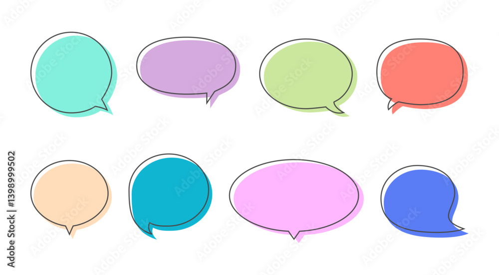 Set of Organic abstract colorful speech bubble shapes, Round vector text box element, Backgrounds, Highlights, Unique frame, Doodle design