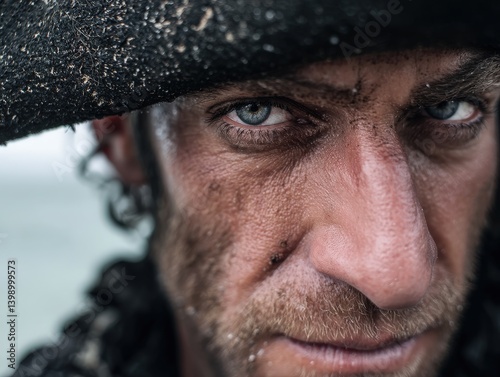 Close-up of a rugged, inten...