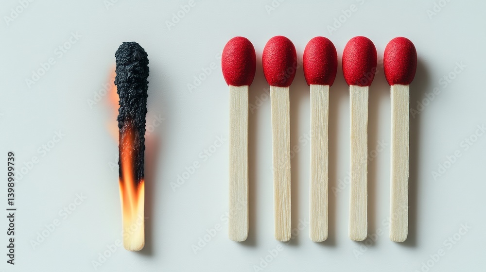 Ignited Matchstick and Unlit Matches Contrast of Fire and Potential Ignited Matchstick and Unlit Matches Contrast of Fire and Potential