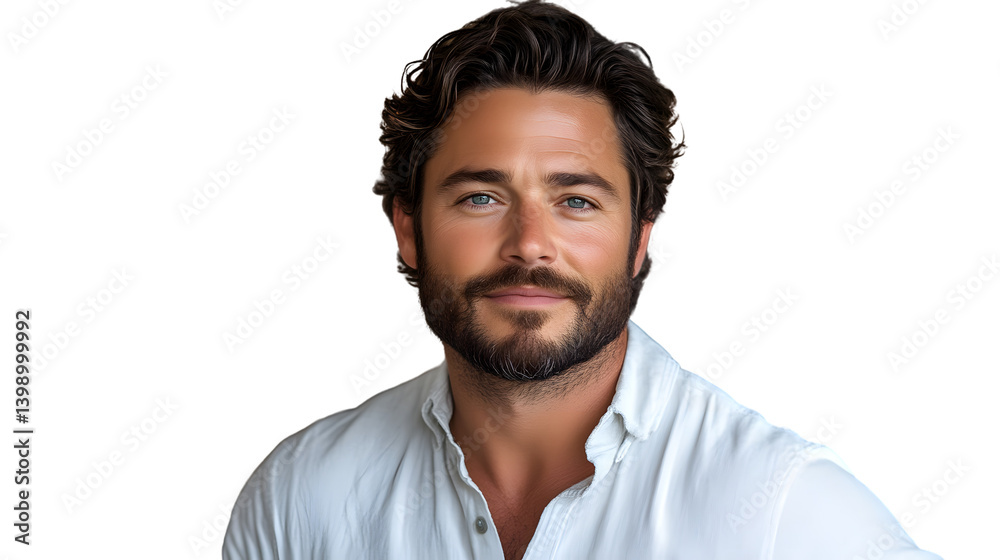 A man with a beard and stylish hair wearing a white shirt against a black background