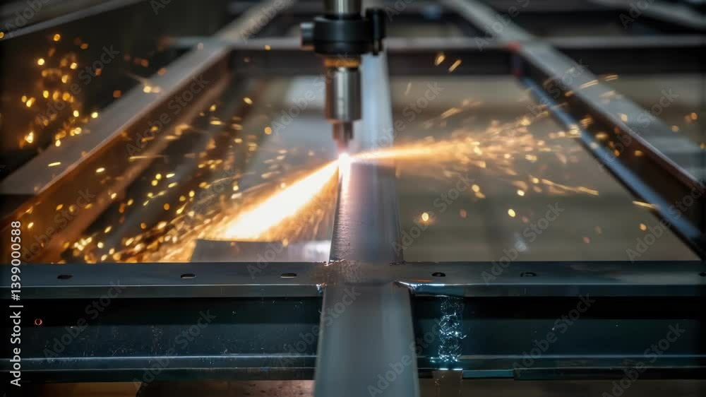 Closeup of a welding torch in action as two prefabricated sections are being fused together with bright sparks flying illustrating the details of the assembly process.