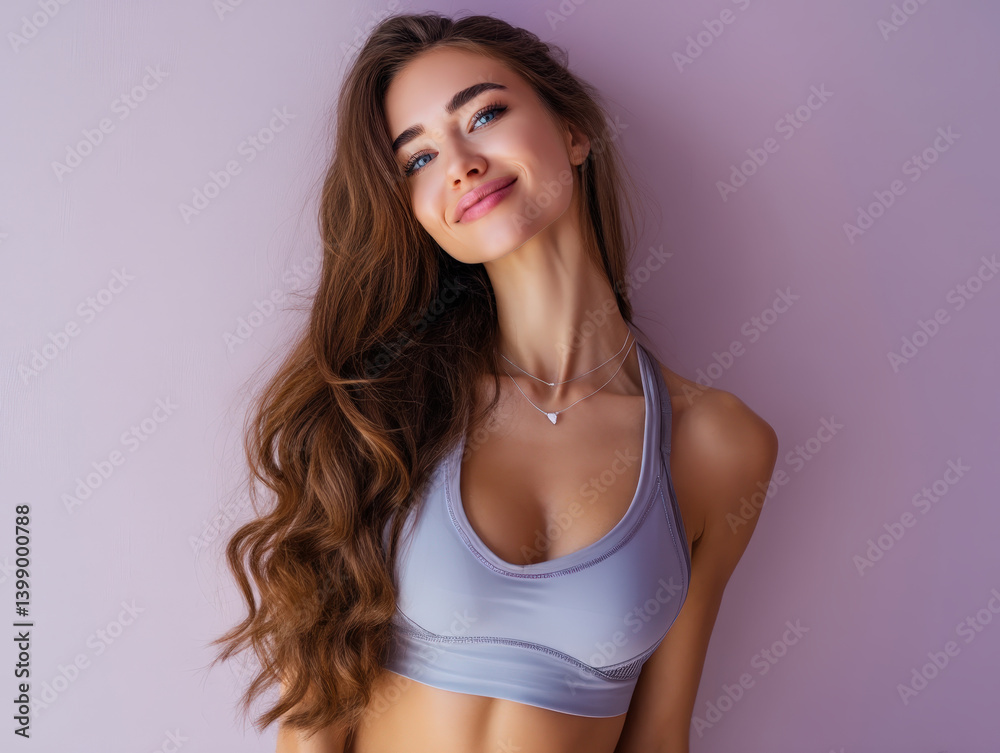 Smiling woman with long, wavy hair wearing a sports bra and necklace, showing a confident expression. Her eyes are highlighted by light makeup, exuding elegance and positivity