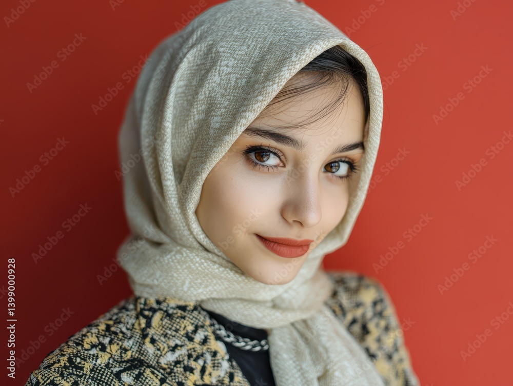 Young woman with warm eyes and a subtle smile, wearing a beige headscarf and patterned outfit on a rich red backdrop; peaceful expression and detailed garment texture Young woman with warm eyes and a subtle smile, wearing a beige headscarf and patterned outfit on a rich red backdrop; peaceful expression and detailed garment texture