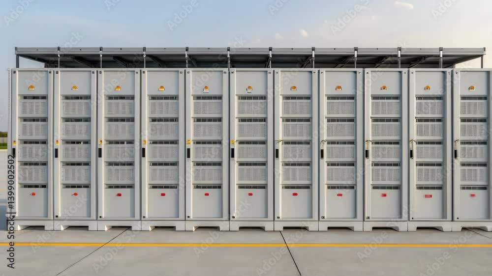 Medium closeup of a large battery storage system with rows of battery modules neatly arranged indicating the integration of energy storage in renewable setups.