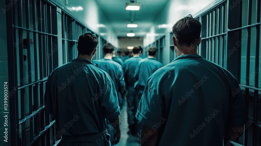 Inmate Line Walking Through Prison Corridor Inmate Line Walking Through Prison Corridor