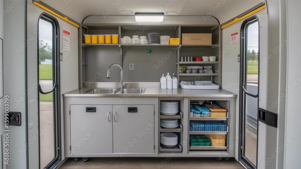 The interior view of a mobile offices kitchenette with a sink and storage cabinets filled with essential supplies illustrating the practical aspects of onsite living for crew The interior view of a mobile offices kitchenette with a sink and storage cabinets filled with essential supplies illustrating the practical aspects of onsite living for crew