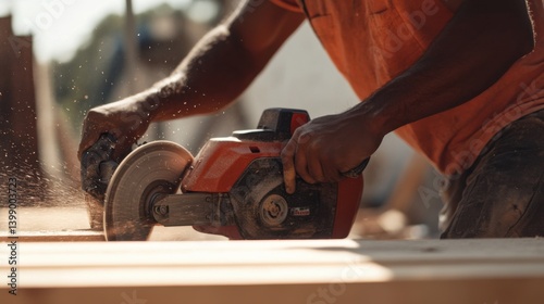 A Hispanic construction worker working with a power saw to cut wood. Featuring precision and tool handling