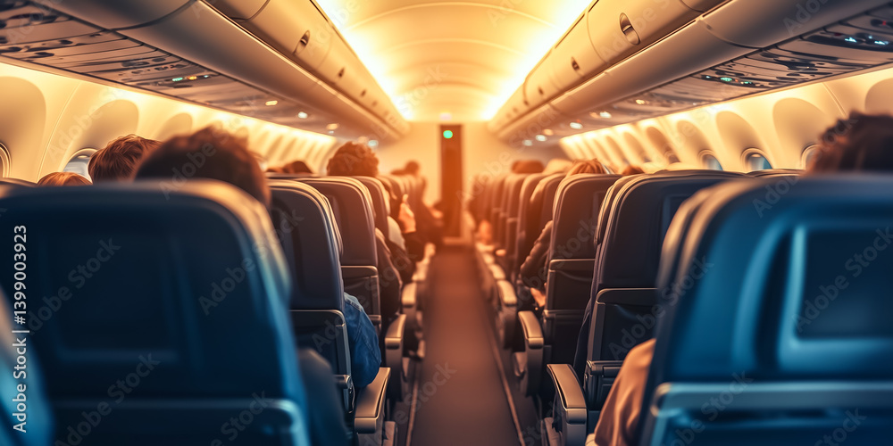 Fototapeta premium Interior view of airplane with passengers in soft lighting