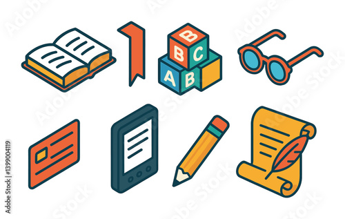 Isometric flat vector set of icons of literacy and reading: open book, bookmark, alphabet blocks, reading glasses, library card, e-reader, writing pencil, poetry scroll. . , icons isolated