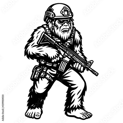 Modern soldier yeti with a tactical helmet and rifle. Black and white line art 
