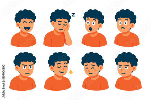 Isometric flat vector set of icons of student emotions: happy face, tired student, surprised icon, stressed emoji, focused face, proud icon, shy student, frustrated head. isolated transparent