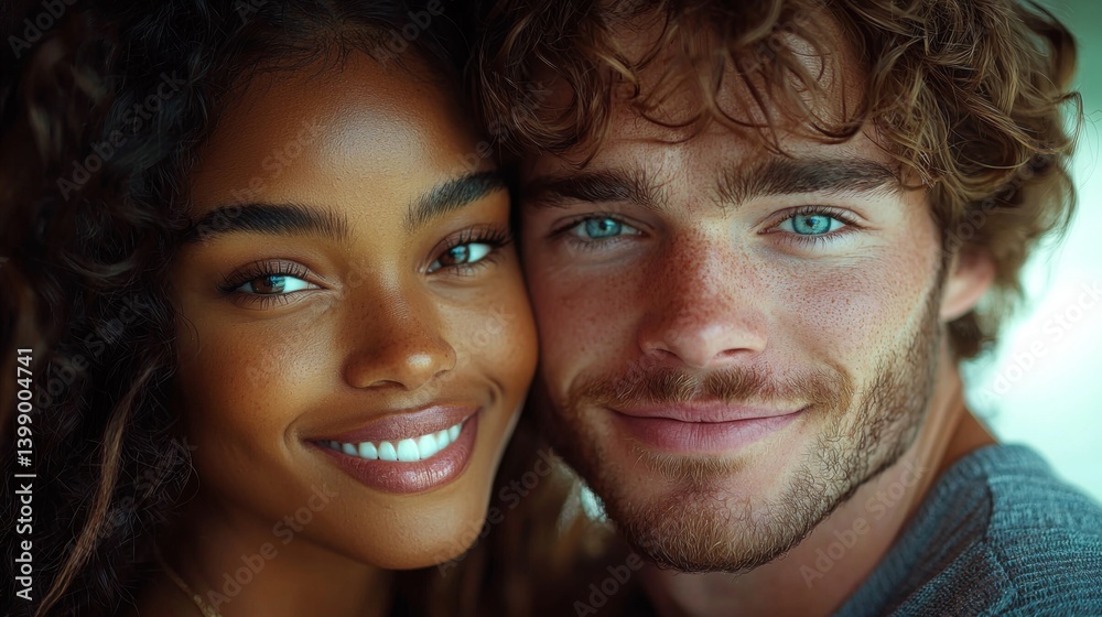 A warm and intimate portrait of a diverse couple sharing a joyful moment, showcasing their bright smiles and captivating eyes that reflect their connection and happiness.