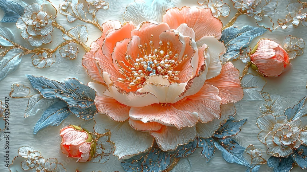 A stunning, intricate floral art piece featuring delicate pink and blue flowers with ornate details, embodying elegance and beauty in a visually striking composition.