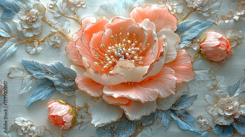 Obraz na płótnie A stunning, intricate floral art piece featuring delicate pink and blue flowers with ornate details, embodying elegance and beauty in a visually striking composition. w salonie