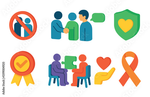 Isometric flat vector set of icons of bullying prevention: no bullying sign, friendship icon, talk to adult, safe space icon, respect badge, conflict resolution, kindness symbol, anti-bullying ribbon