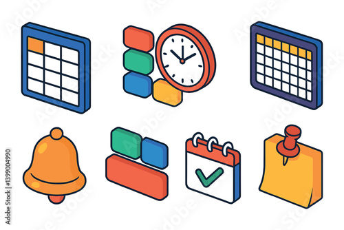 Isometric flat vector set of icons of music school: music teacher, classroom board, metronome, sheet music, practice schedule, student with instrument, lesson book, music theory icon. isolated