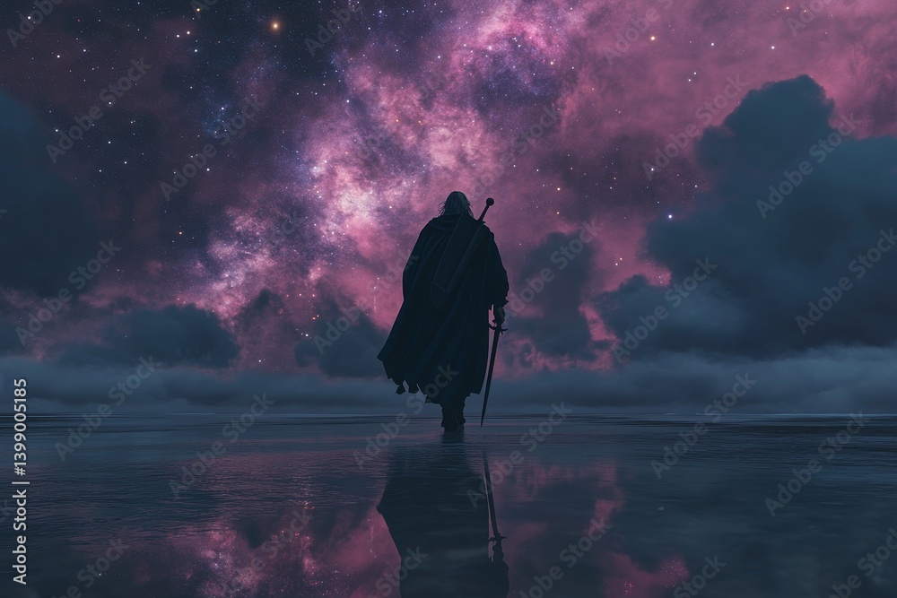 Fototapeta premium A white-clad assassin's silhouette is seen walking along the seaside at night, sword in hand, with a vibrant and colorful galaxy serving as the backdrop in the sky