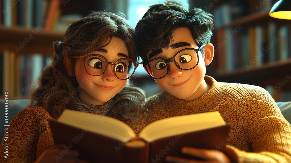 Two animated characters share a delightful reading experience, surrounded by a cozy ambiance, reflecting love, happiness, and the beauty of storytelling in an inviting space.