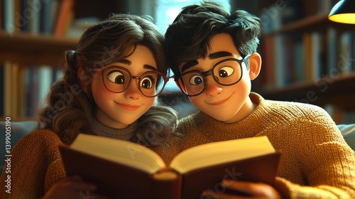 Two animated characters share a delightful reading experience, surrounded by a cozy ambiance, reflecting love, happiness, and the beauty of storytelling in an inviting space.