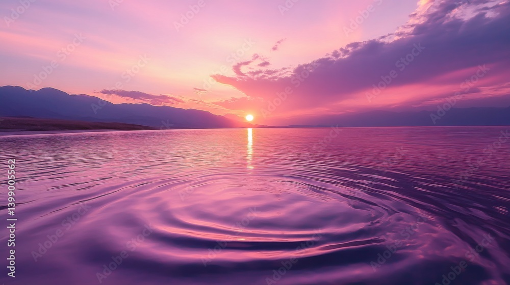 This peaceful image features a stunning sunset reflecting off calm waters, creating ripples that evoke feelings of tranquility and serenity in nature's beauty.