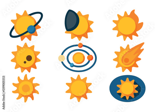 Isometric flat vector set of icons of astronomical sun: sun with orbiting planet, sun and moon, solar flare, sunspot icon, solar system, sun and comet, corona outline, heliosphere. isolated