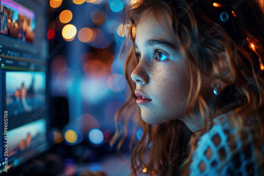 A young girl with curly hair is intensely focused on her computer screen, surrounded by colorful bokeh lights that create a dreamy and inspiring atmosphere for creativity.