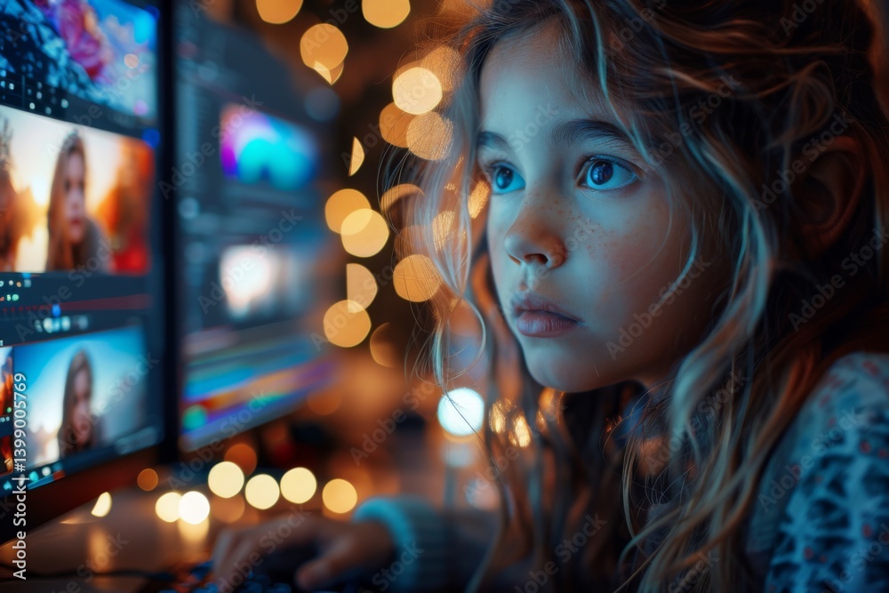 A young girl with beautiful hair and intense focus sits in front of a computer, immersed in a world of creativity and digital exploration against a backdrop of soft lights.