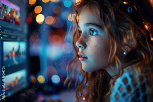 Obraz na płótnie A young girl with curly hair is intensely focused on her computer screen, surrounded by colorful bokeh lights that create a dreamy and inspiring atmosphere for creativity. w salonie