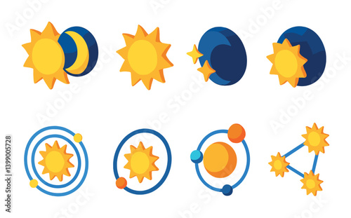 Isometric flat vector set of icons of celestial bodies with sun: sun and moon phase, stars and sun, eclipse icon, sun between planets, cosmic energy, space orbit, sun constellation, day/night cycle.