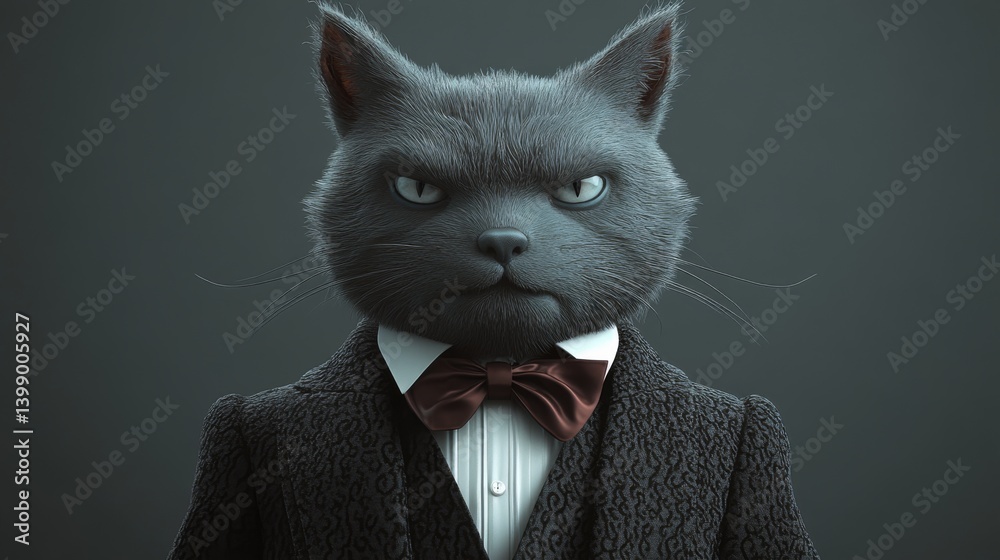 A sophisticated cat, dressed in a formal tuxedo with a bowtie, radiating an air of seriousness and unique charm in a minimalist artistic style emphasizing its character.