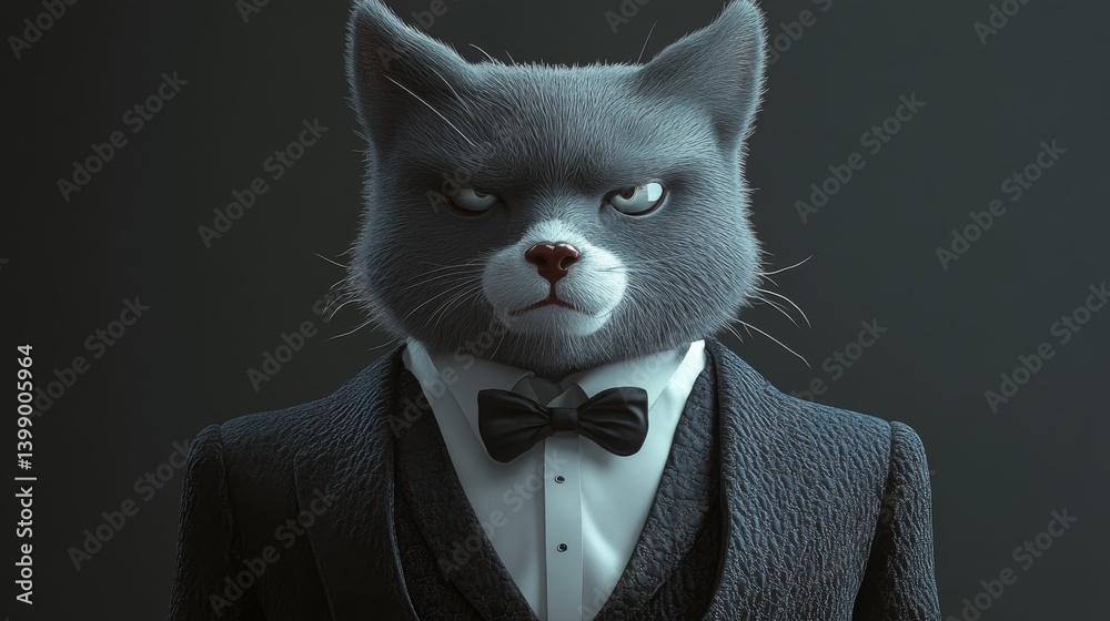 A sophisticated cat in a formal tuxedo and bowtie, exuding elegance and seriousness in a stylish portrait that balances whimsical charm with a touch of professionalism.
