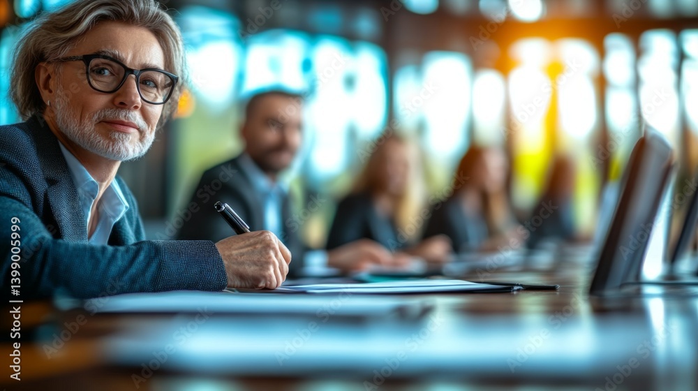 A professional individual participates in a business meeting, showcasing collaboration and focus within a polished conference room atmosphere filled with natural light.
