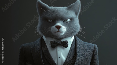 A sophisticated cat in a formal tuxedo and bowtie, exuding elegance and seriousness in a stylish portrait that balances whimsical charm with a touch of professionalism.