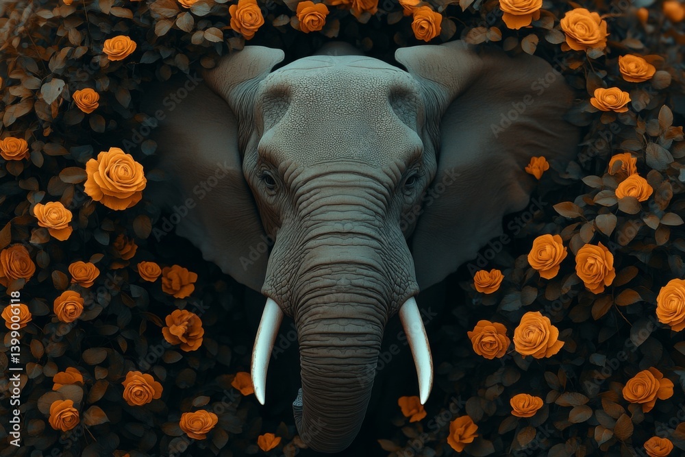 A stunning portrait of an elephant encircled by vibrant orange roses, symbolizing the peaceful coexistence between nature and wildlife in a beautifully artistic composition.