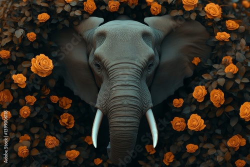 Obraz na płótnie A stunning portrait of an elephant encircled by vibrant orange roses, symbolizing the peaceful coexistence between nature and wildlife in a beautifully artistic composition. w salonie