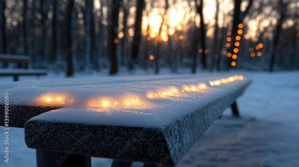 Winter park bench lit by glowing lights