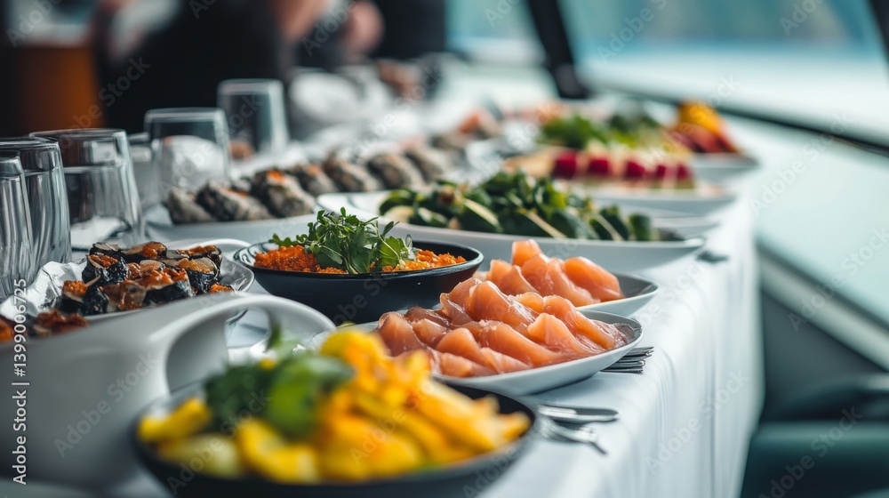A beautifully arranged gourmet dining table displaying a selection of seafood, fruits, and elegant garnishes, perfect for upscale dining experiences and culinary events.