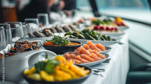 Obraz na płótnie A beautifully arranged gourmet dining table displaying a selection of seafood, fruits, and elegant garnishes, perfect for upscale dining experiences and culinary events. w salonie