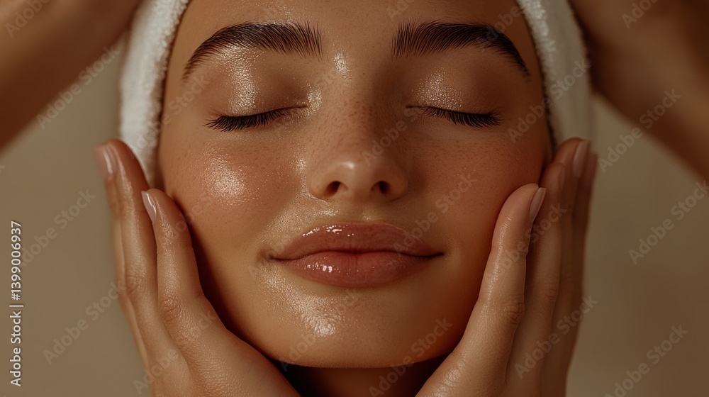 A serene woman receiving a facial treatment, conveying relaxation and self-care, with her eyes closed and a peaceful smile, highlighting the importance of wellness and pampering.