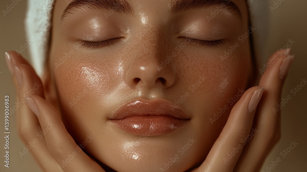 A close-up portrait highlighting pristine skin features, showcasing healthy, glowing complexion and a serene expression, emphasizing beauty and self-care in a modern skincare context.