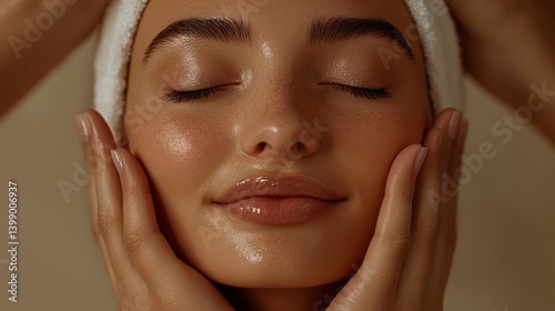 Obraz na płótnie A serene woman receiving a facial treatment, conveying relaxation and self-care, with her eyes closed and a peaceful smile, highlighting the importance of wellness and pampering. w salonie