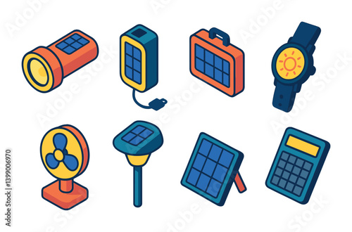 Isometric flat vector set of icons of solar tech gadgets: solar flashlight, solar phone charger, panel suitcase, solar watch, sun-powered fan, outdoor solar light, portable panel, solar calculator. .