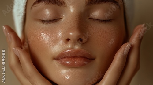 Obraz na płótnie A close-up portrait highlighting pristine skin features, showcasing healthy, glowing complexion and a serene expression, emphasizing beauty and self-care in a modern skincare context. w salonie
