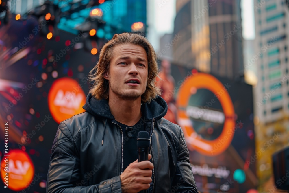 A dynamic speaker passionately engaging with the audience against an urban backdrop, symbolizing community discourse, excitement, and the importance of public expressions in modern life.