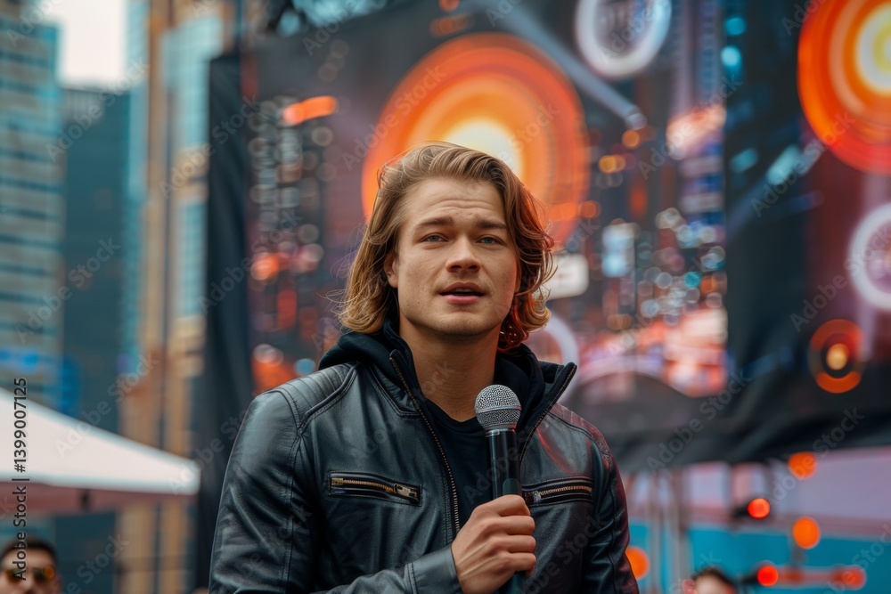 A captivating young speaker holding a microphone against an urban backdrop, engaging the audience with charisma and presence, illustrating the connection between public speaking and community.