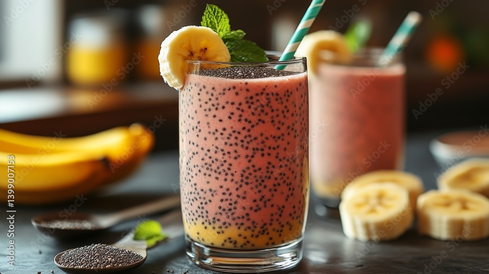 A vibrant smoothie made with fresh bananas, chia seeds, and topped with mint leaves, representing a refreshing and healthy drink option perfect for any occasion.