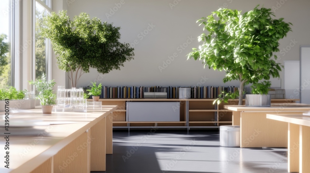 Bright, modern classroom with natural light and greenery
