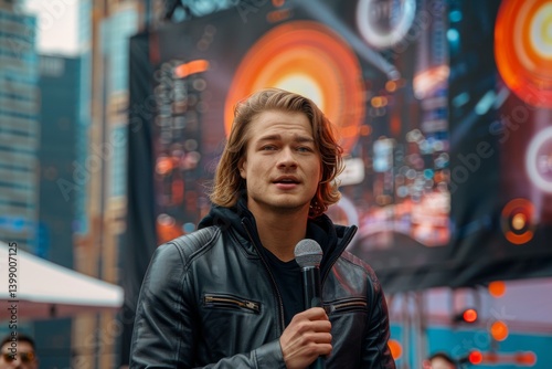 A captivating young speaker holding a microphone against an urban backdrop, engaging the audience with charisma and presence, illustrating the connection between public speaking and community.